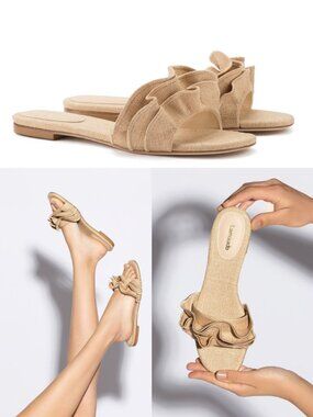 LARROUDE | Ivy Ruffle Flat Mule In Beige Raffia